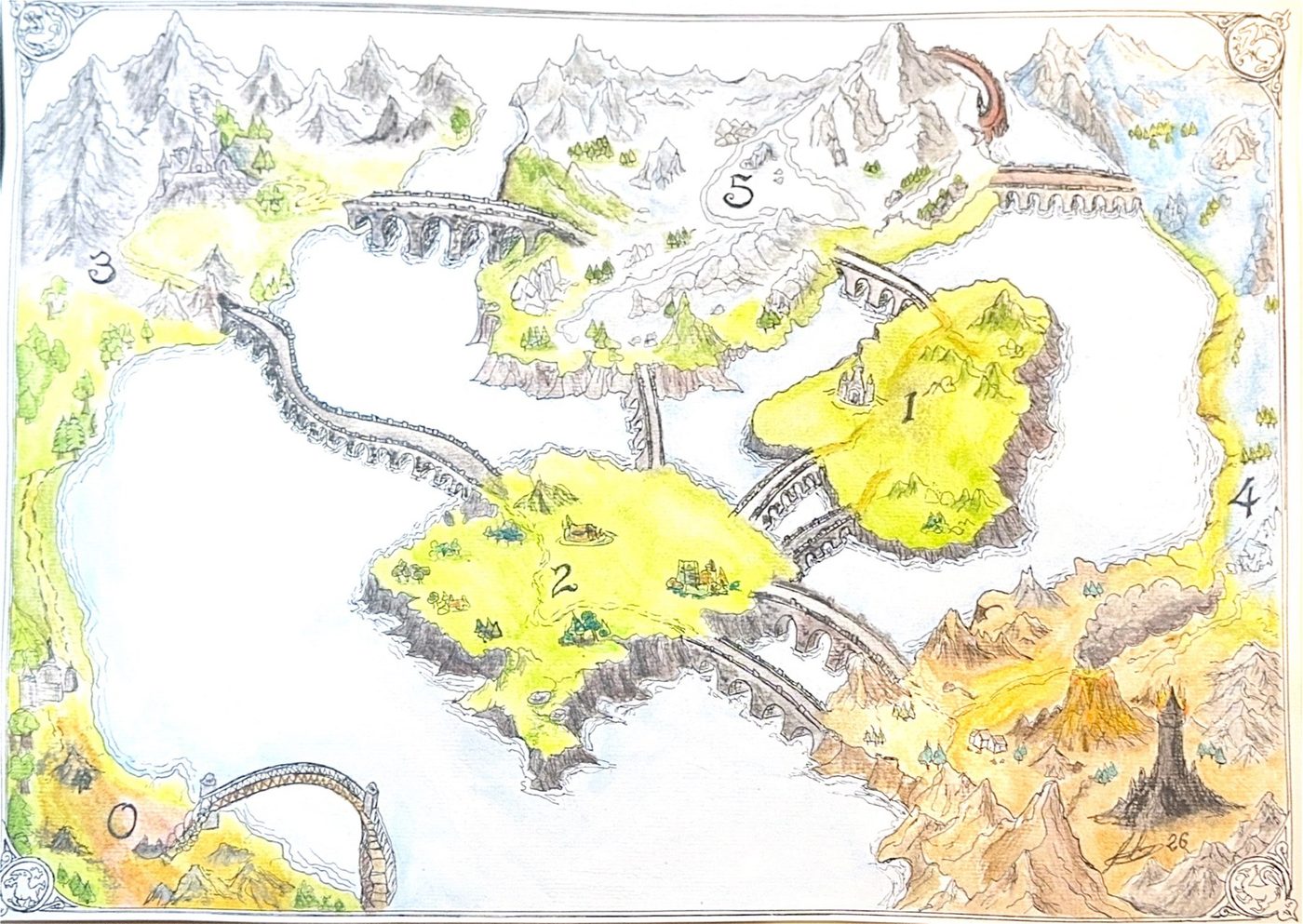 El grafo G mod 6 representado como un mapa de fantasía al estilo Tolkien, con islas, puentes y volcanes